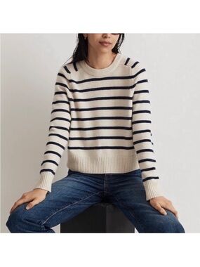 Madewell (Re)sourced Cashmere Wool Striped Crewneck Sweater Navy Cream Boxy XXS